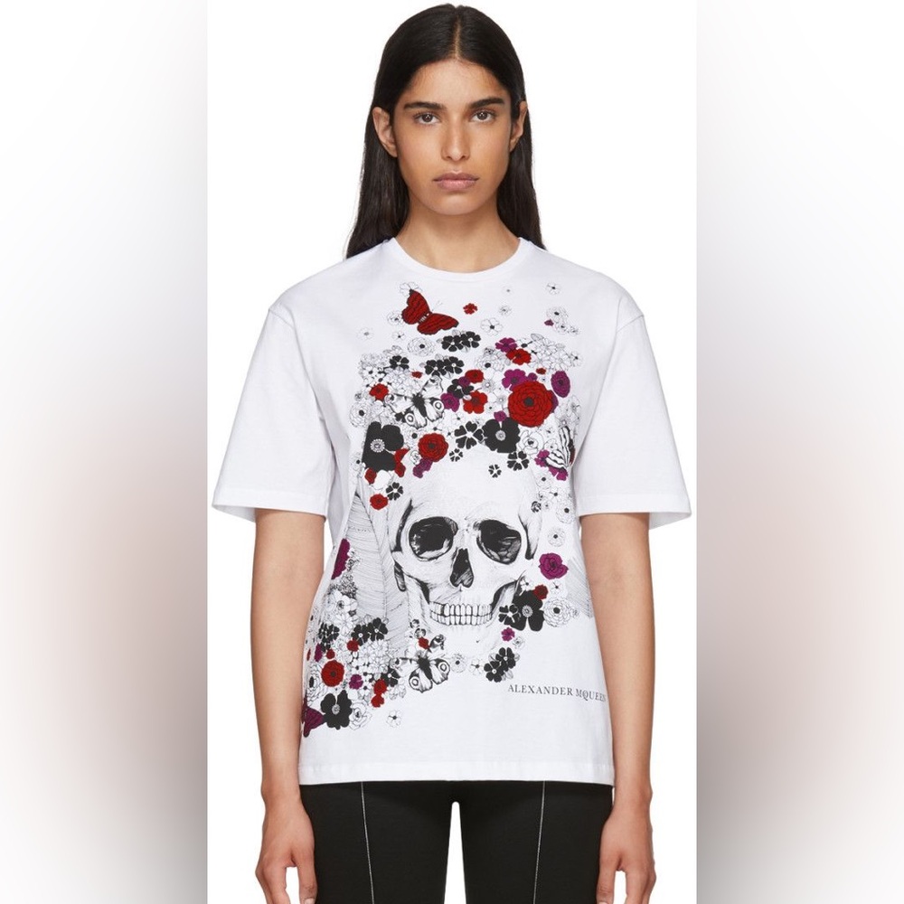 Alexander McQueen white Tee with flowers and skull